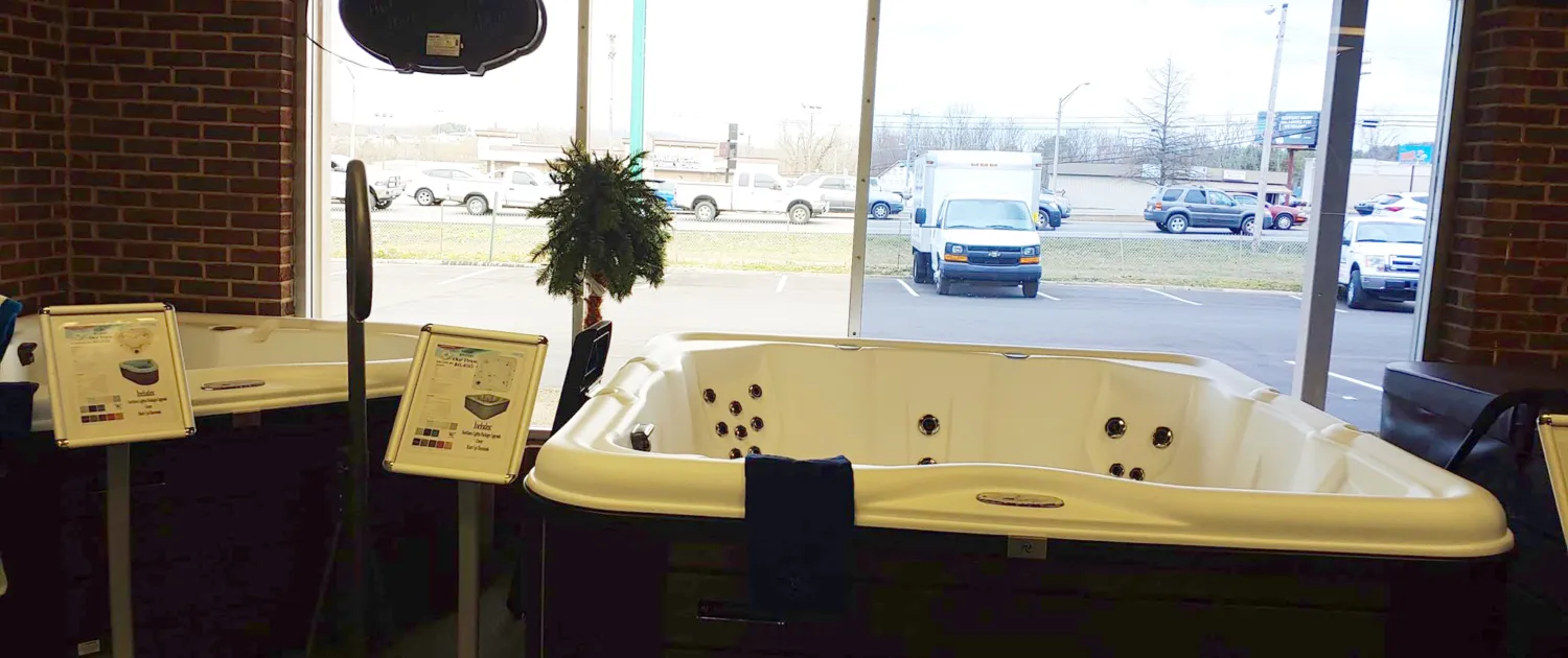 Spas lined up by the front windows on Mouse Creek Road